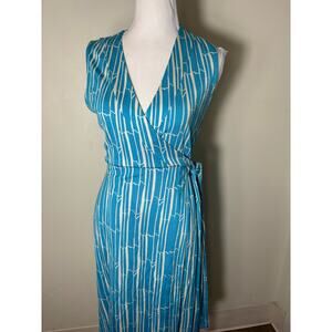 Diane VonFurstenburg Teal/White Bamboo Wrap Sleeveless Dress Sz 8